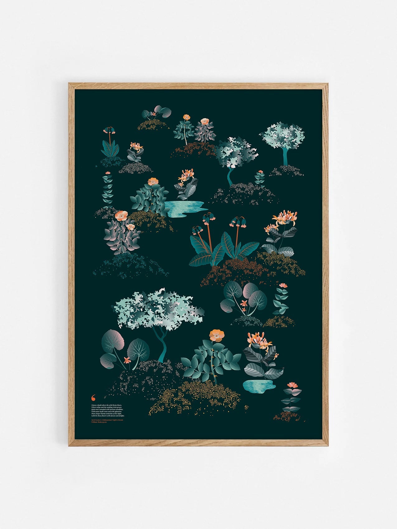 Floral art print 'Midsummer Forest' with teal, mandarin, and orange hues, inspired by Shakespeare's woodland - Oak Frame.