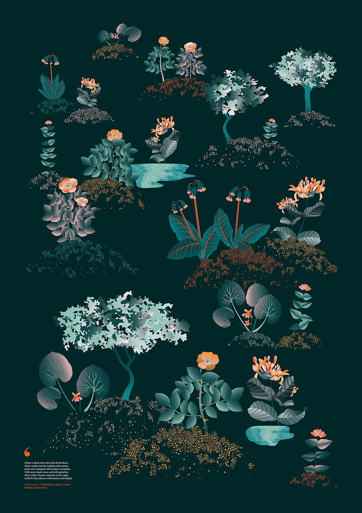 Floral art print 'Midsummer Forest' with teal, mandarin, and orange hues, inspired by Shakespeare's woodland - Print Only.