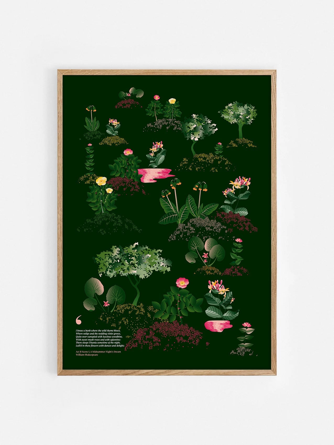 Floral art print 'Midsummer Forest' with forest green, saffron, and magenta hues, inspired by Shakespeare's woodland - Oak Frame.