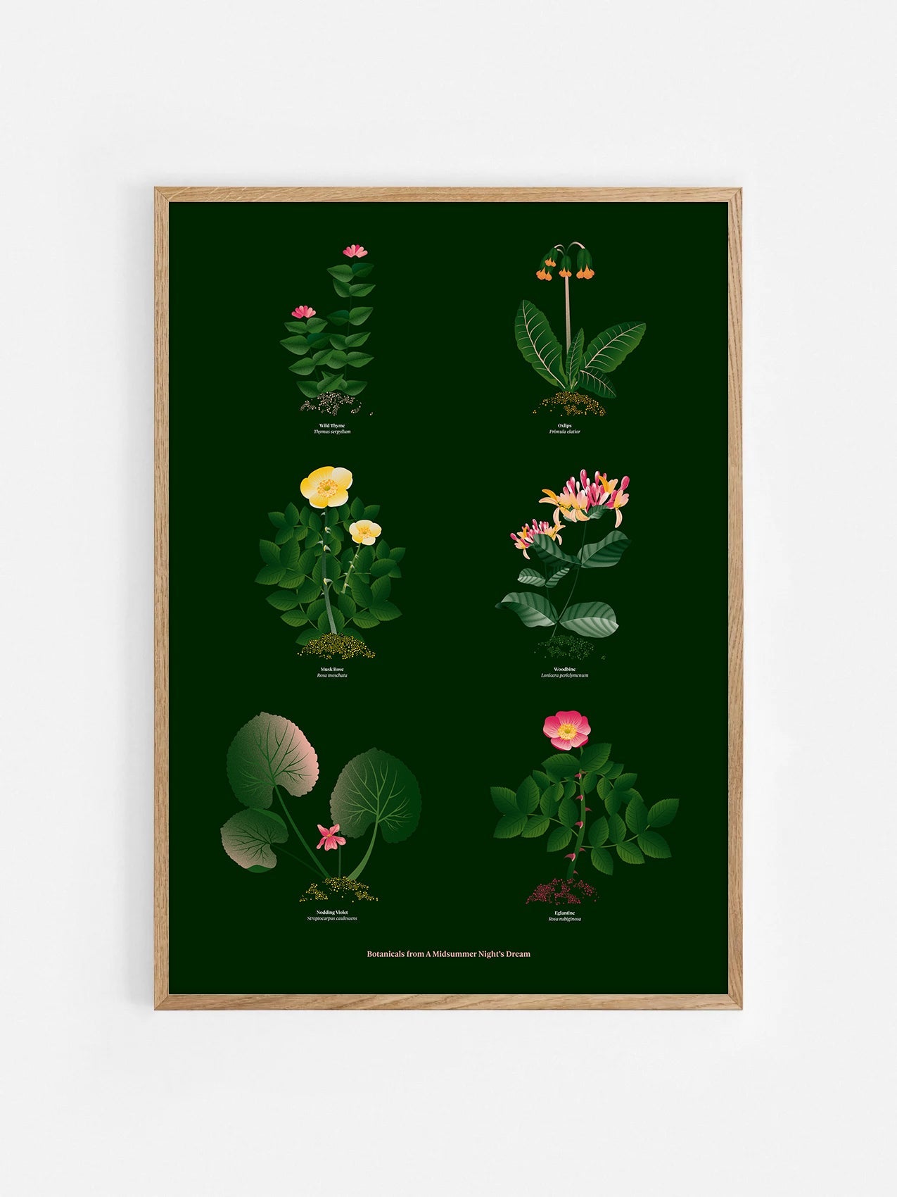 Floral art print 'The Forest's Flora' with forest green, saffron, and magenta hues, inspired by Shakespeare's forest - Oak Frame.